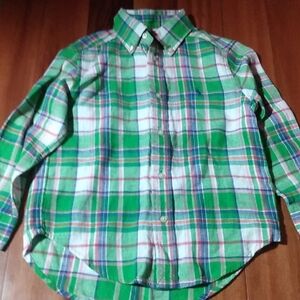 Ralph Lauren 4/4T Boys Linen Blend Green Plaid Button Down Long Sleeve Shirt